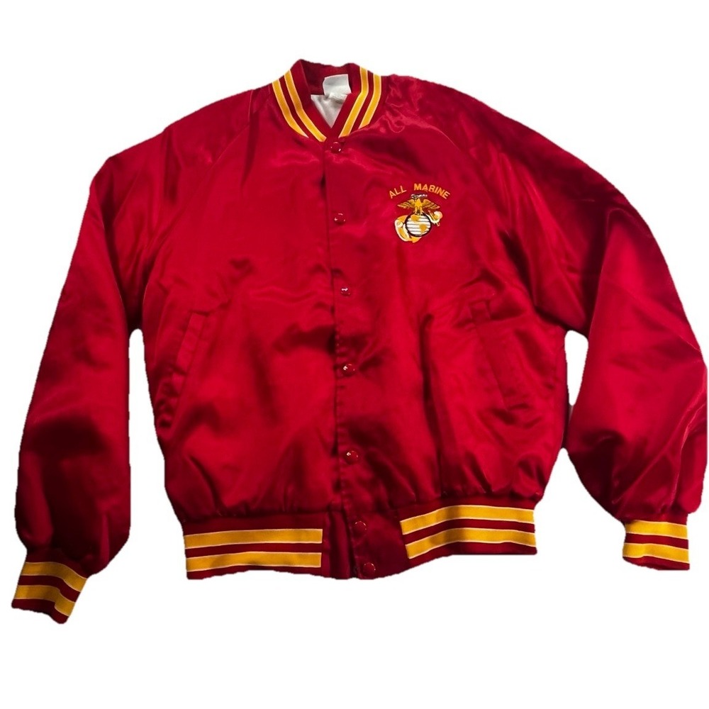 Vintage US Marine Corps Red Satin Bomber Jacket Taylor Made Semper Fidelis- L